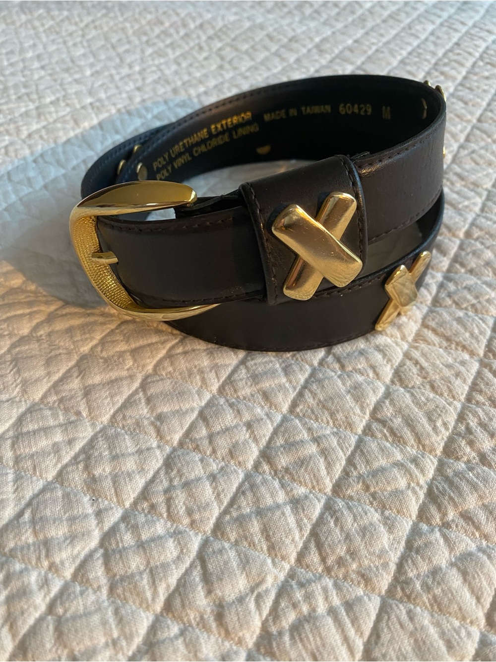 VTG Black Faux Leather Kiss Statement Belt Gold X Stud Accents Rock Punk Medium